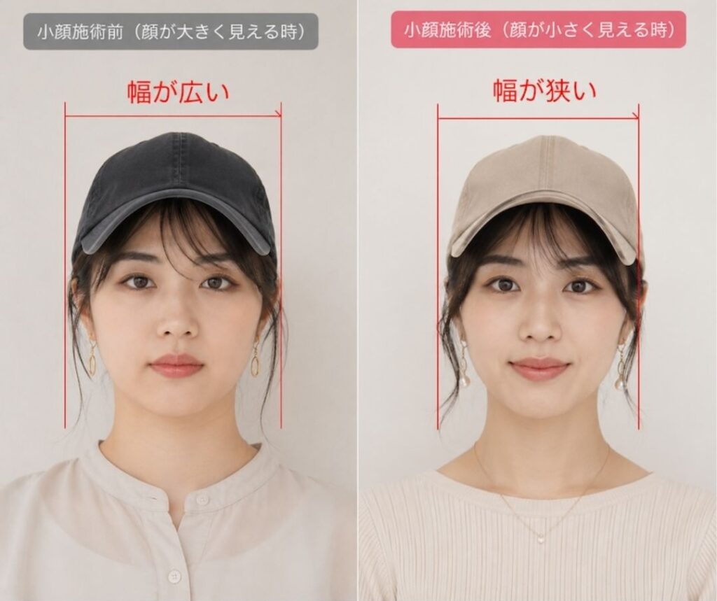 顔が大きい人と小さくなった人がキャップを被ったイメージ