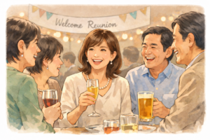 40年ぶりの同窓会の様子イラスト