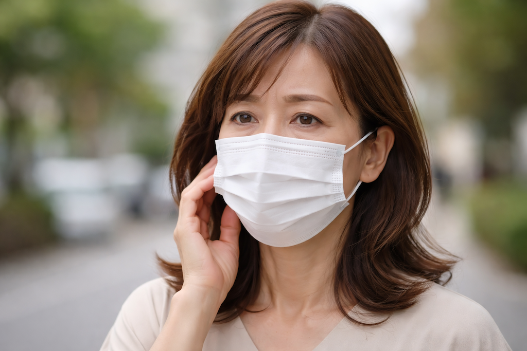 マスクをしているたるみに悩む女性