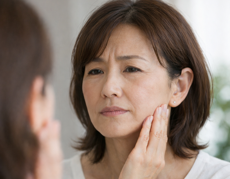 フェイスラインを触りながら悩ましく鏡を見る女性