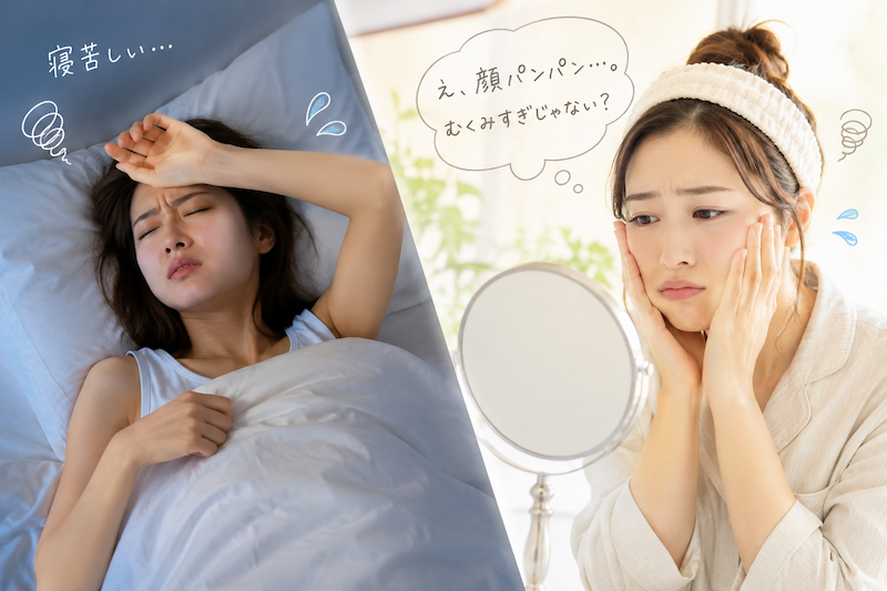 寝苦しい様子と朝良き手鏡を見てしょんぼりしている女性